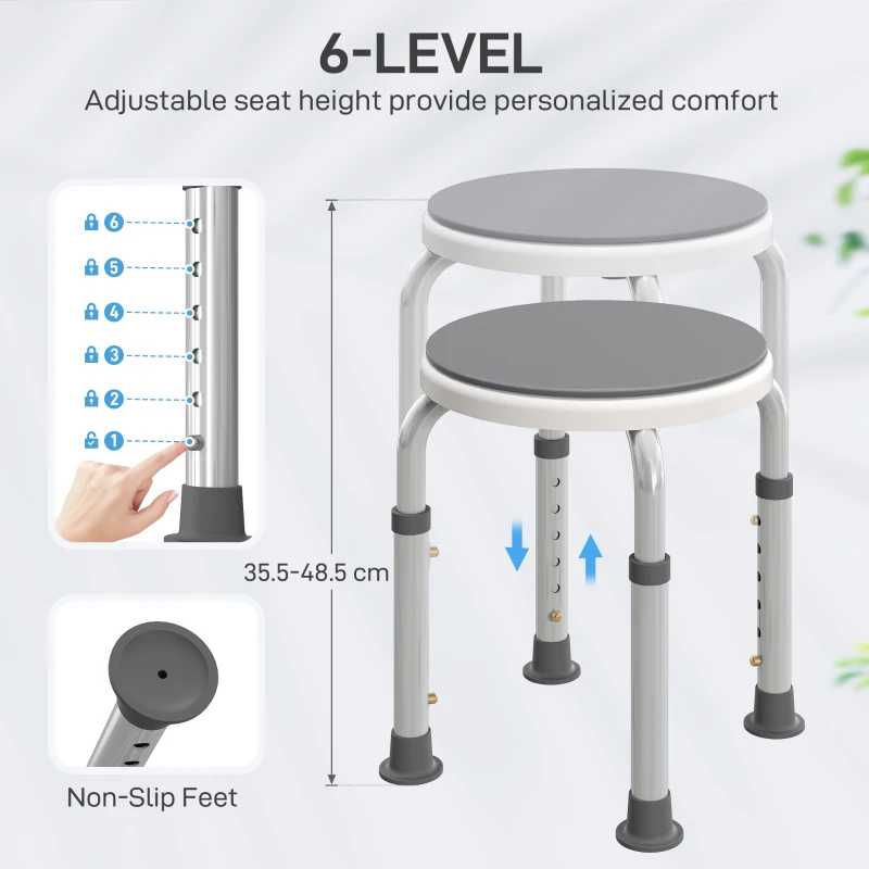 HOMCOM 360° Swivel Shower Chair, Height Adjustable Aluminium Shower Stool with Non-Slip Feet for Disabled, Elderly, Grey