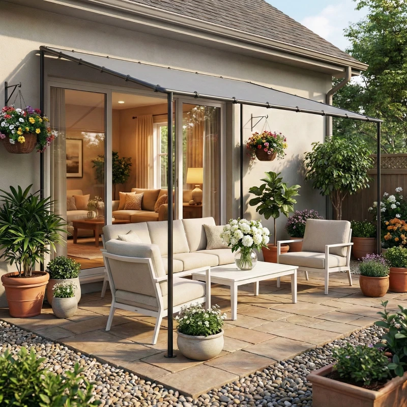 Outsunny 3 x 2 m Lean to Garden Pergola, Metal Frame Gazebo Pergola with UPF30+ Protection, Sloped Roof, Drainage Holes, Grey