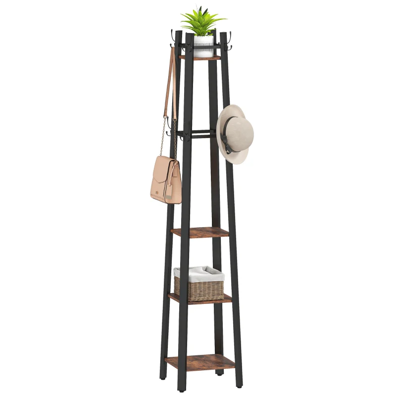 HOMCOM Industrial-Style Four Shelf Coat Stand - Brown/Black