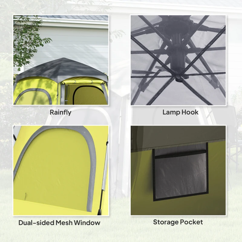 Outsunny Instant Pop Up Camping Tent, 2/3/4 Person Easy Setup Dome Family Tent with Vestibule, Rainfly, 4 Mesh Windows & 2 Doors, Hexagonal Design, Waterproof & UV Protected, Yellow Green
