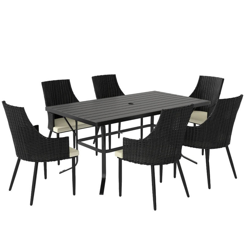 Outsunny 6 Seater Rattan Dining Set with Cushions, Garden Furniture Set with Armchairs, Rectangle Slatted Table Top, Steel Frame, Parasol Hole, Wicker Outdoor Furniture for Patio, Balcony, Cream White