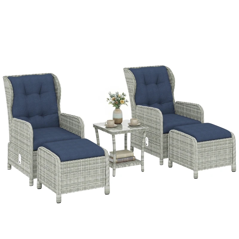 Outsunny 5 Piece Garden Furniture Set, Rattan Reclining Garden Chair Set of 2 with Footstool and Cushion for Balcony, Dark Blue