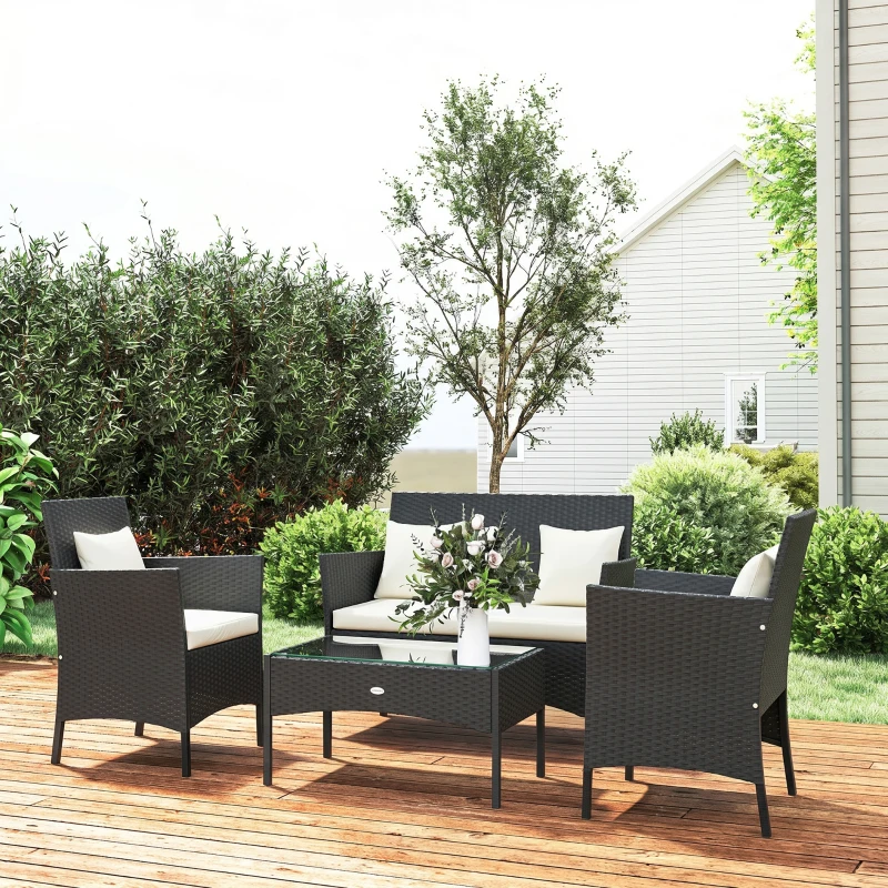 Outsunny Set da Giardino 4Pezzi in Rattan con 2 Sedie, Poltrona da Giardino a 2 Posti e Tavolino Basso