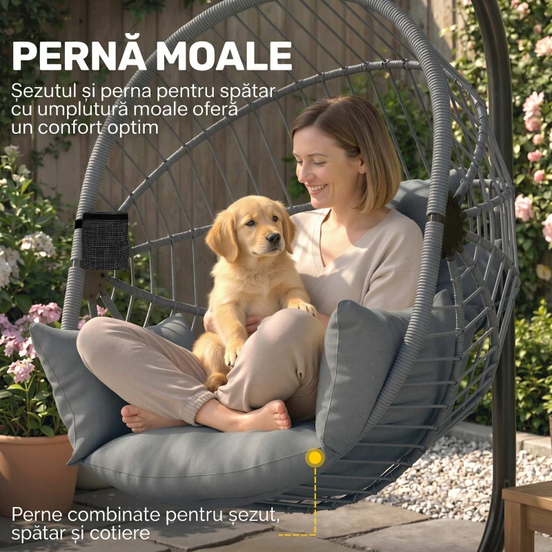 Outsunny Scaun Suspendat de Exterior, cu Pernă, Tip Ou, 120 cm x 106 cm x 188 cm, Gri