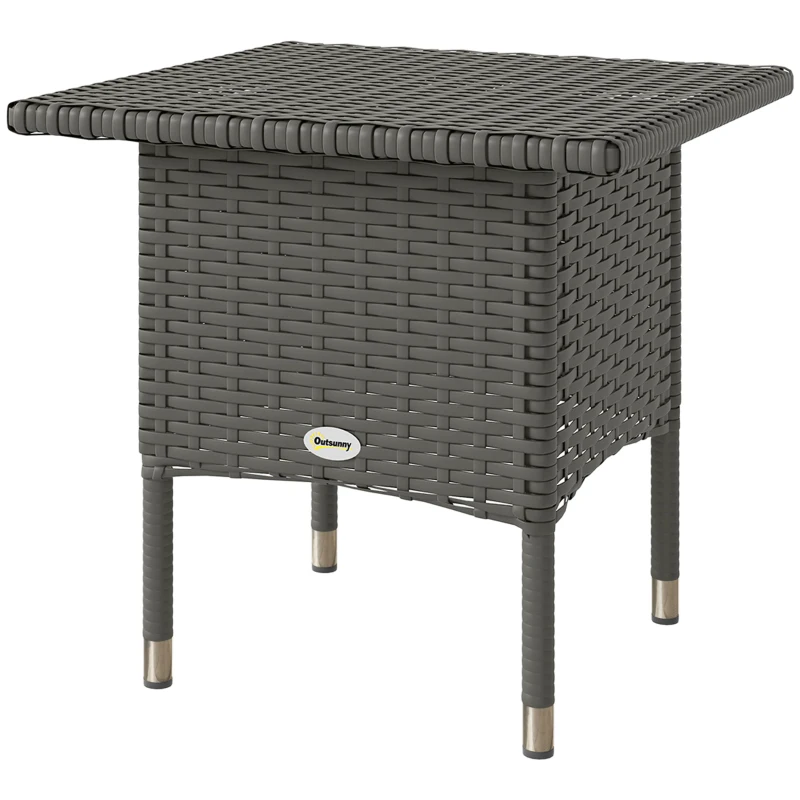 Outsunny Rattan Side Table, Outdoor Coffee Table with Plastic Board Under the Full Woven Table Top for Patio, Garden, Balcony, Grey