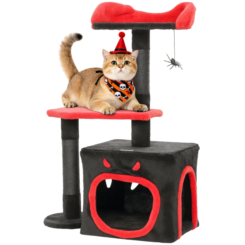 PawHut Cat Tree, Gothic Cat Tower with Scratching Posts, Cute Condo, Coffin Platform, Bed and Spider Toy, Halloween