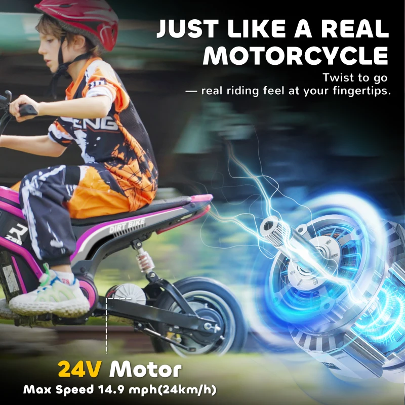 HOMCOM 24V Electric Motorbike with Twist Grip Throttle, Music, Horn, 12" Pneumatic Tyres, 16km/h Max Speed - Pink