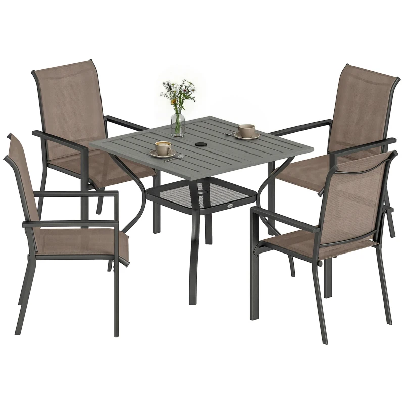 Outsunny 5 Pieces Outdoor Dining Set for 4, Garden Table and Stackable Chairs with Breathable Mesh Seat, Grey and Khaki