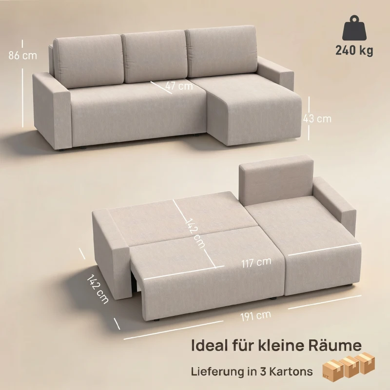 HOMCOM Canapé d'angle convertible avec ottomane réversible, canapé 3 places en L en suédine synthétique, Beige