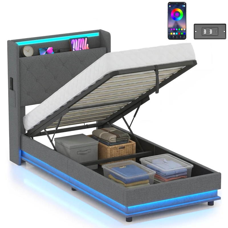HOMCOM 3ft Single Bed Frame with Headboard, Platform Bed Frame with Hydraulic Storage, LED Lights and Charging Station, Grey