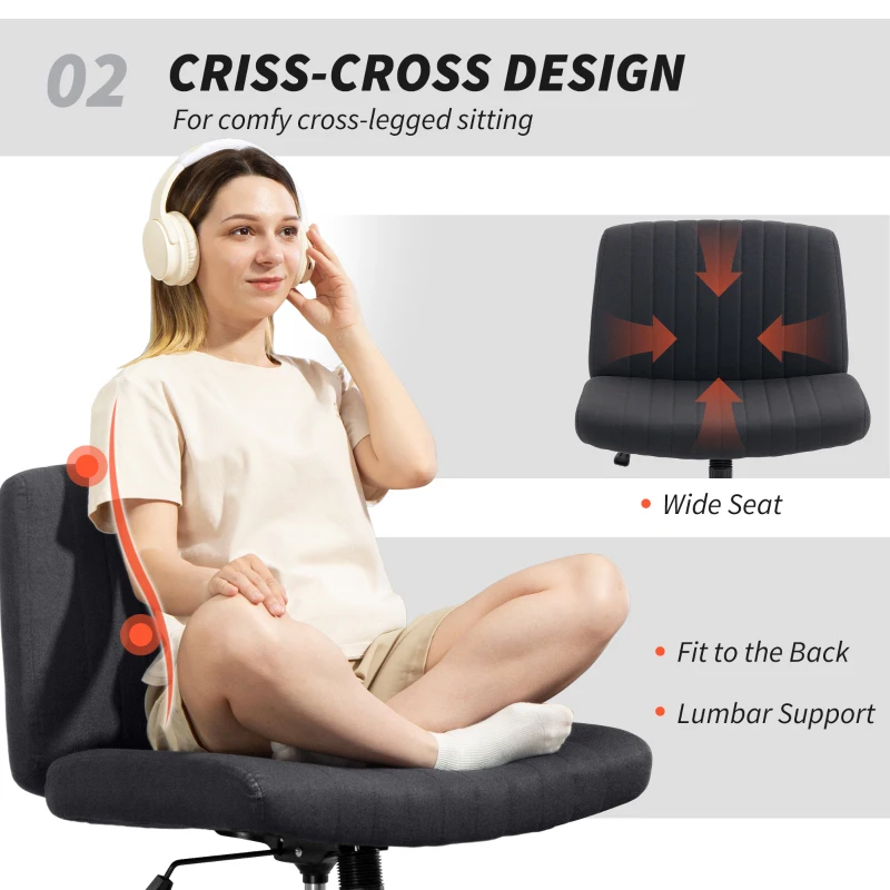 HOMCOM Armless Office Chair No Wheels, Linen Fabric Criss Cross Legged Desk Chair with Wide Seat, Thick Padding, Tilt Function, Height Adjustable Swivel Computer Seat for Home, Black