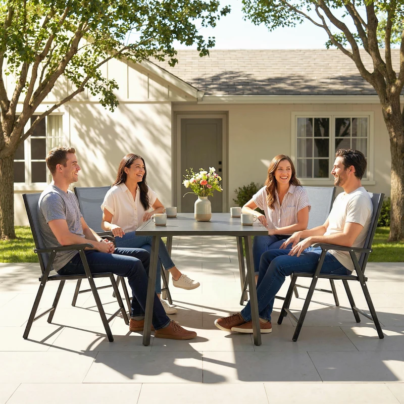 Outsunny Folding Garden Chairs Set of 4, Foldable Garden Dining Chairs with High Back, Armrests, Texteline Seat, Light Grey