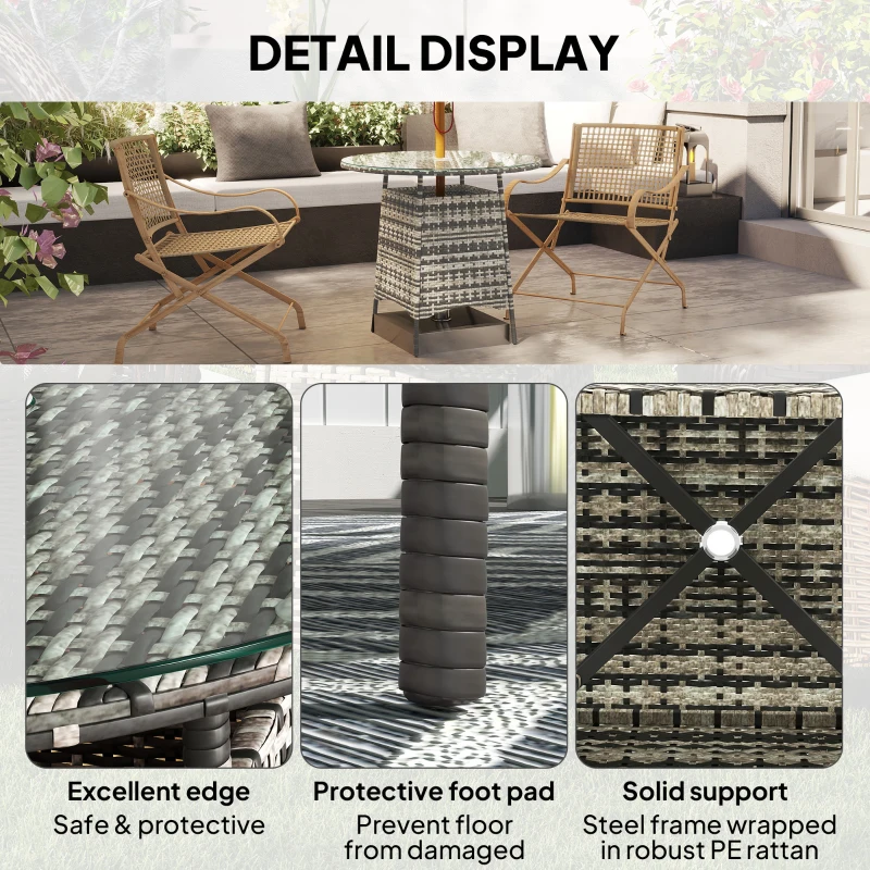 Outsunny Wicker Garden Rattan Table, Patio Furniture Outdoor Coffee Table with Umbrella Hole and Tempered Glass Top, Grey
