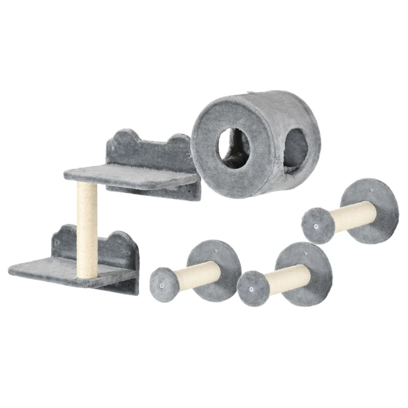 PawHut 5PCs Cat Wall Furniture with Perch, Cat House, Scratching Post