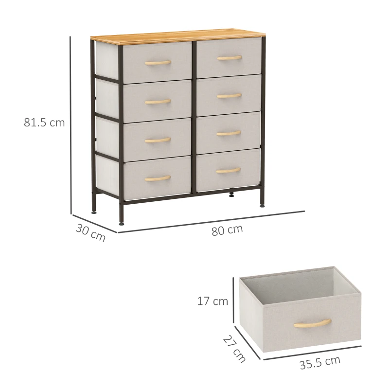 HOMCOM Fabric Chest of Drawers, Industrial Bedroom Dresser with 8 Fabric Drawers, Steel Frame and Wooden Top for Nursery, Living Room, Hallway, Cream White