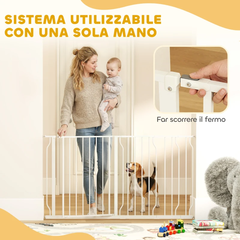 PawHut Cancelletto di Sicurezza per Cani in Acciaio e ABS, Estensibile 75-145cm per Scale e Porte, Bianco