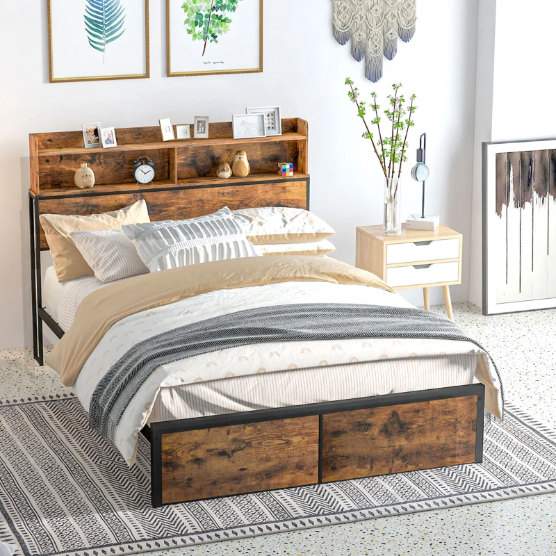 HOMCOM Industrial Double Bed Frame, 4.6FT Steel Bed Base with Storage Headboard, Footboard, Slatted Support and Under Bed Storage, 141 x 207cm, Rustic Brown