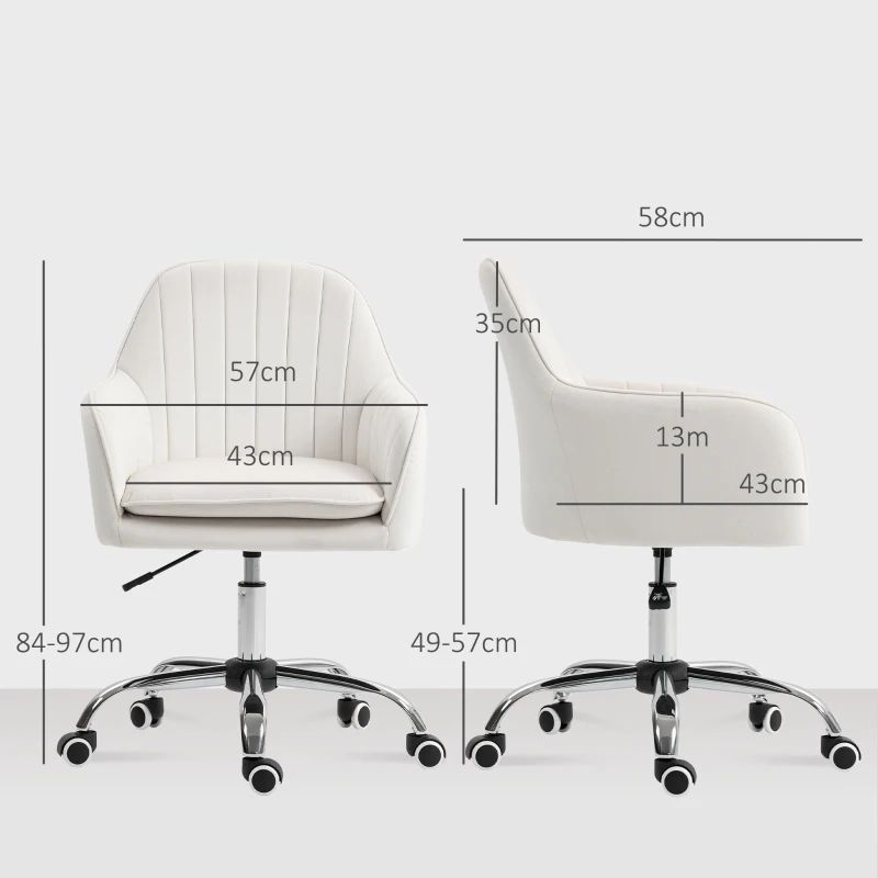 HOMCOM Velvet-Feel Office Chair with Adjustable Height and Wheels - Cream White