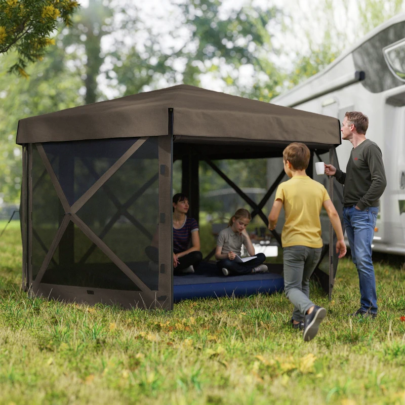 Outsunny 3 x 3(m) Hexagon Pop Up Gazebo with 5 Sides and Carry Bag, Waterproof, UV Resistant Party Tent Instant Event Shelter with Netting for Garden, Patio, Brown