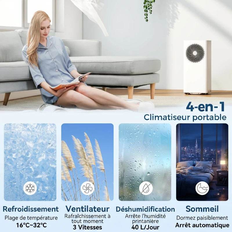 HOMCOM Climatiseur mobile climatiseur 4 en 1 refroidissement déshumidificateur 40L/jour ventilateur mode nuit