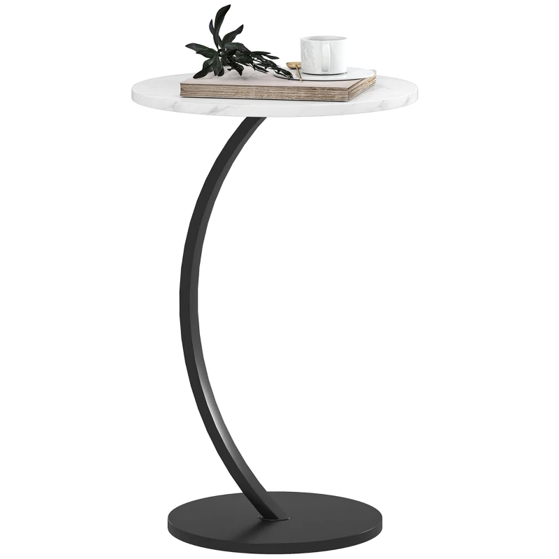 HOMCOM C Shaped Side Table, Round Bedside Table with Marble Effect Top, Modern Coffee Table Sofa End Table with Metal Frame for Living Room Bedroom Office, White