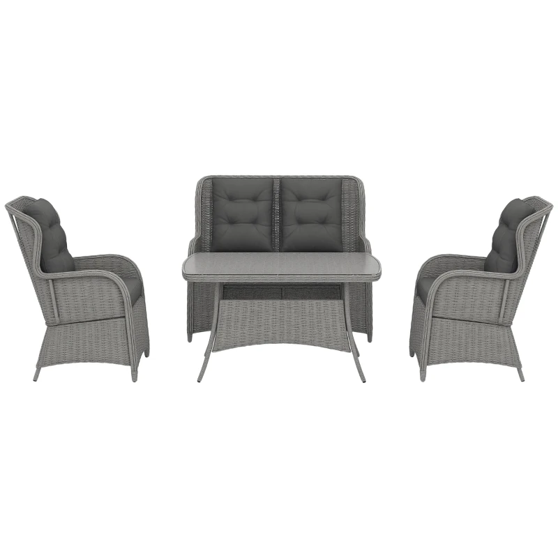 Outsunny Garden PE Rattan Dining Sofa Set, Outdoor 4 Seater Wicker Furniture, High Back Chairs with Cushions, Tempered Glass Coffee Table for Patio, Light Grey