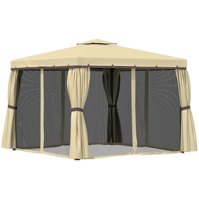 Outsunny 3 x 3(m) Patio Gazebo Canopy Garden Pavilion Tent Shelter with 2 Tier Water Repellent Roof, Mosquito Netting and Curtains, Aluminium Frame, Beige