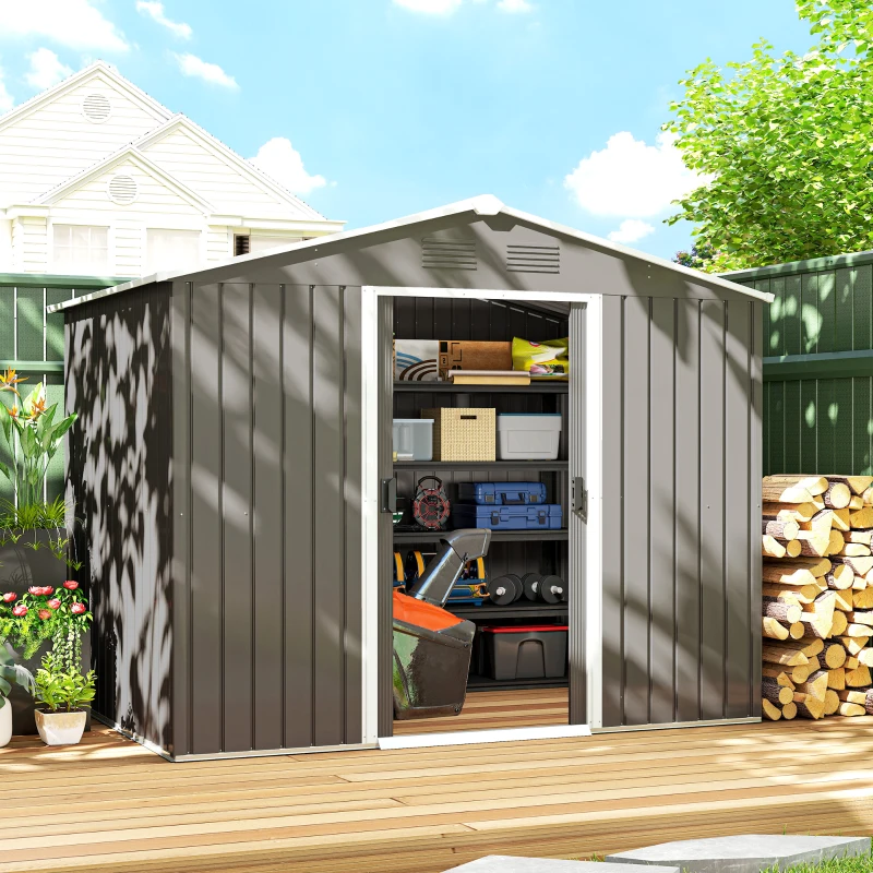 Outsunny 8 x 6ft Outdoor Garden Storage Shed, Metal Tool House with Ventilation and Sliding Doors, Light Grey