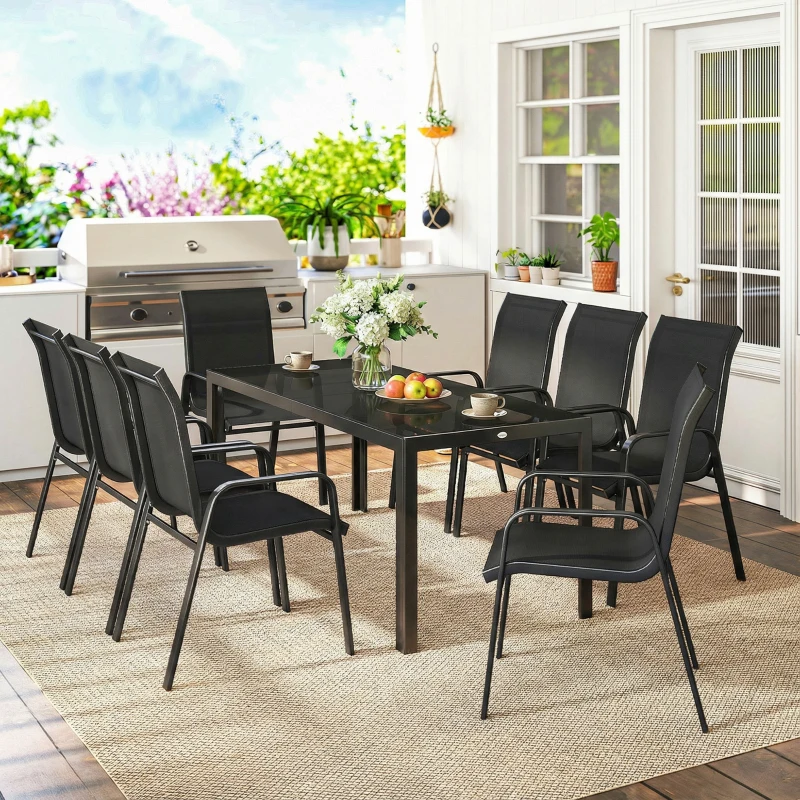Outsunny 9 Pieces Garden Dining Set, Outdoor Table and Chairs Set for 8, Garden Furniture Set with Tempered Glass Top, Black