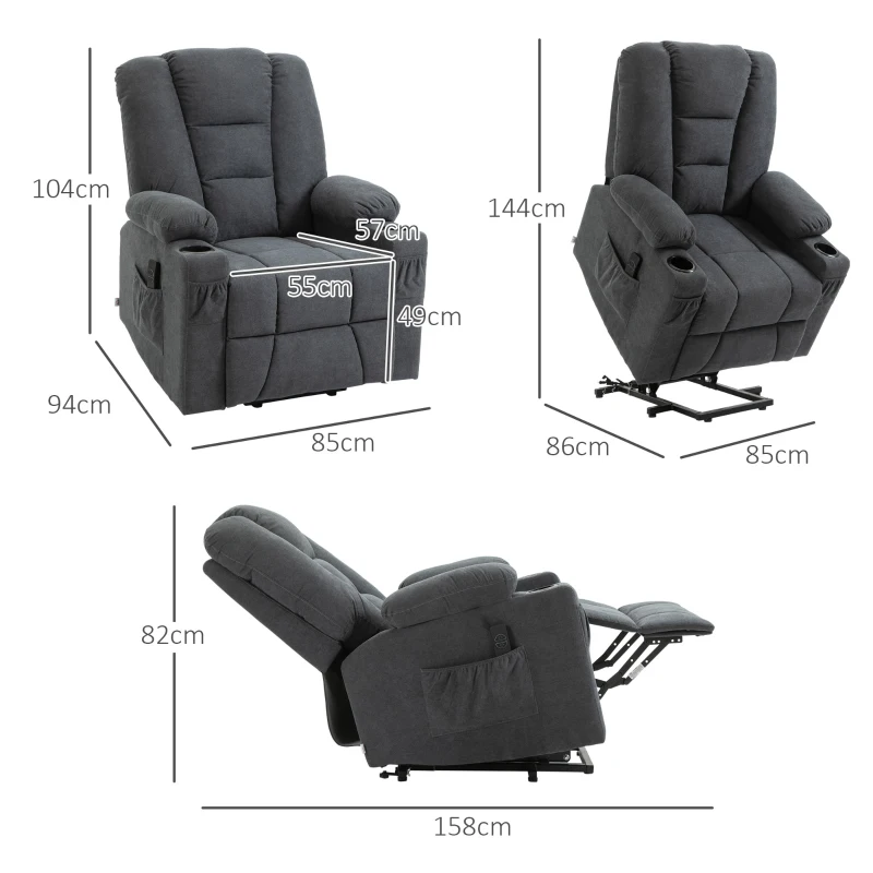 HOMCOM Oversized Riser and Recliner Chair for the Elderly, Fabric Upholstered Lift Chair for Living Room with Remote Control, Side Pockets, Cup Holder, Charcoal Grey