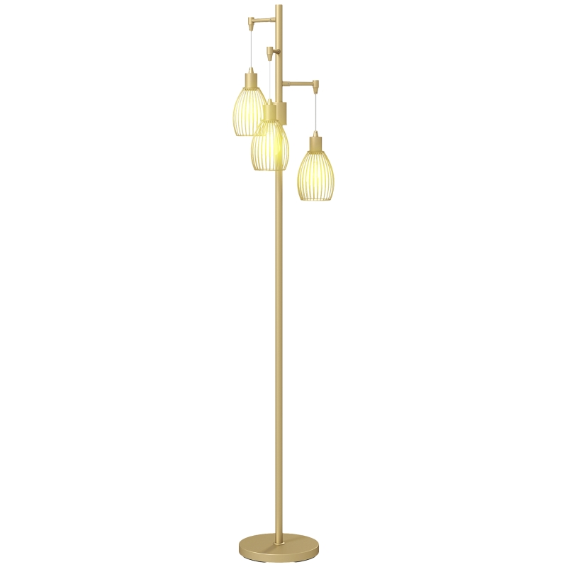 HOMCOM 3-Light Floor Lamp, 170cm Industrial Dimmable Standing Lamp with Steel Wire Cage Lampshades for Living Room, Bedroom, Dining Room, Study, Bulb Not Included, Gold Tone