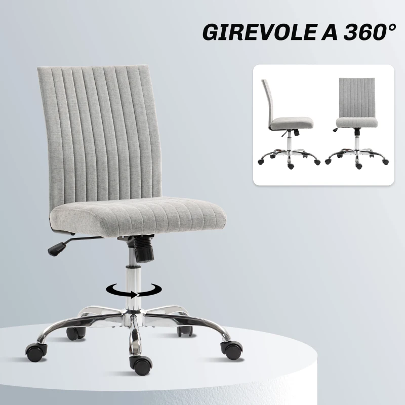 HOMCOM Sedia Ufficio Senza Braccioli con Altezza Regolabile e Seduta Girevole, Rivestimento in Tessuto, Grigio