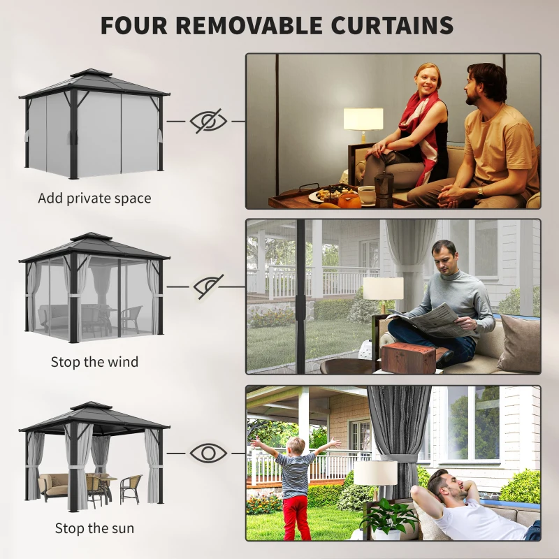 Outsunny 3 x 3(m) Hardtop Gazebo Canopy with UPF30+ Double Polycarbonate Roof, Aluminium Frame Garden Gazebo Permanent Pavilion with Mosquito Netting and Curtains for Patio, Deck, Grey