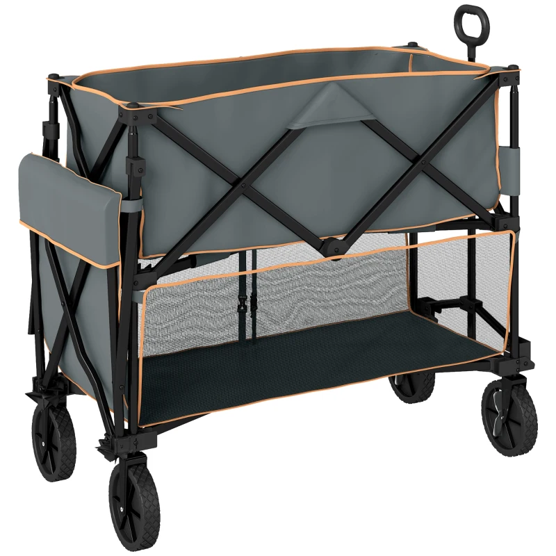 Outsunny Double Decker Folding Festival Trolley on Wheels, 200KG & 350L Capacity Collapsible Wagon Festival Trolley Cart with 134cm Extended for Camping Sports Shopping Garden and Beach, Grey