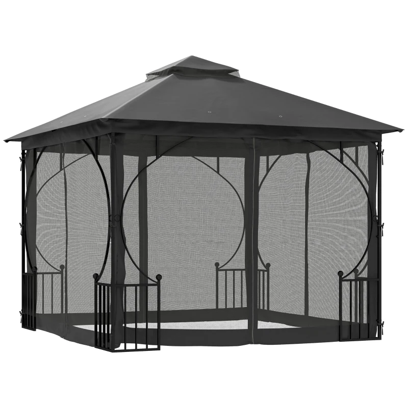 Outsunny 3 x 3m Garden Gazebo Patio Party Tent Shelter Outdoor Canopy Double Tier Sun Shade with Metal Frame and Netting, Dark Grey
