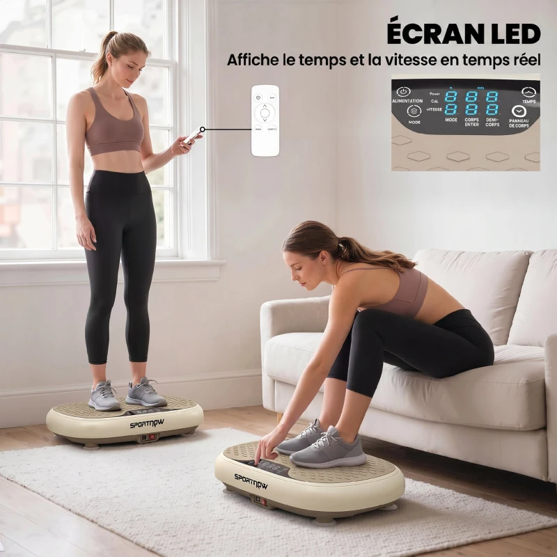 SPORTNOW Plateforme Vibrante, 20 Niveaux de Vitesse, 3 Programmes, Écran LED et Télécommande, 46 x 33 x 13,5 cm, Beige