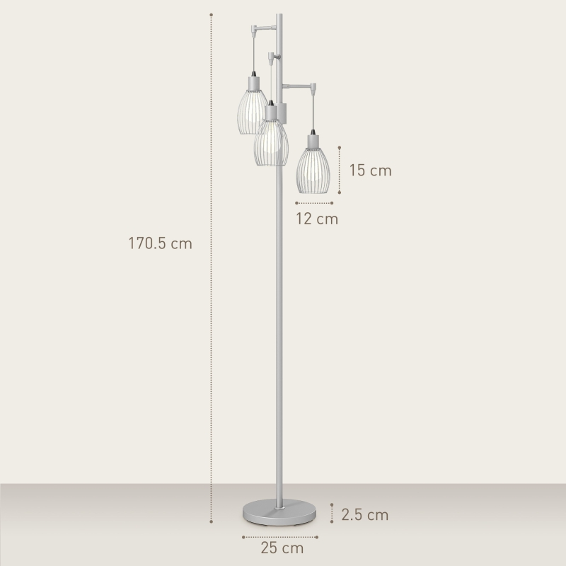 HOMCOM 3-Light Floor Lamp, 170cm Industrial Dimmable Standing Lamp with Steel Wire Cage Lampshades for Living Room, Bedroom, Dining Room, Study, Bulb Not Included, Silver Tone