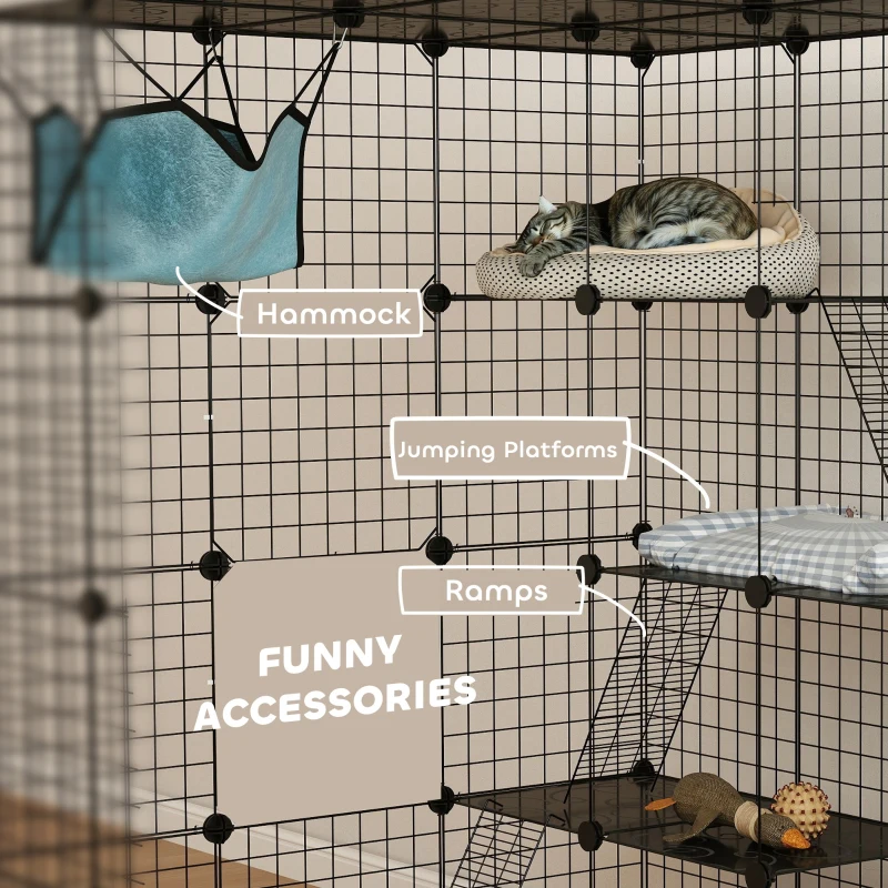 PawHut Steel Wire Cat Cage Indoor with Hammock, Ramps, Doors, DIY Cat Enclosure for 1-3 Cats, Black