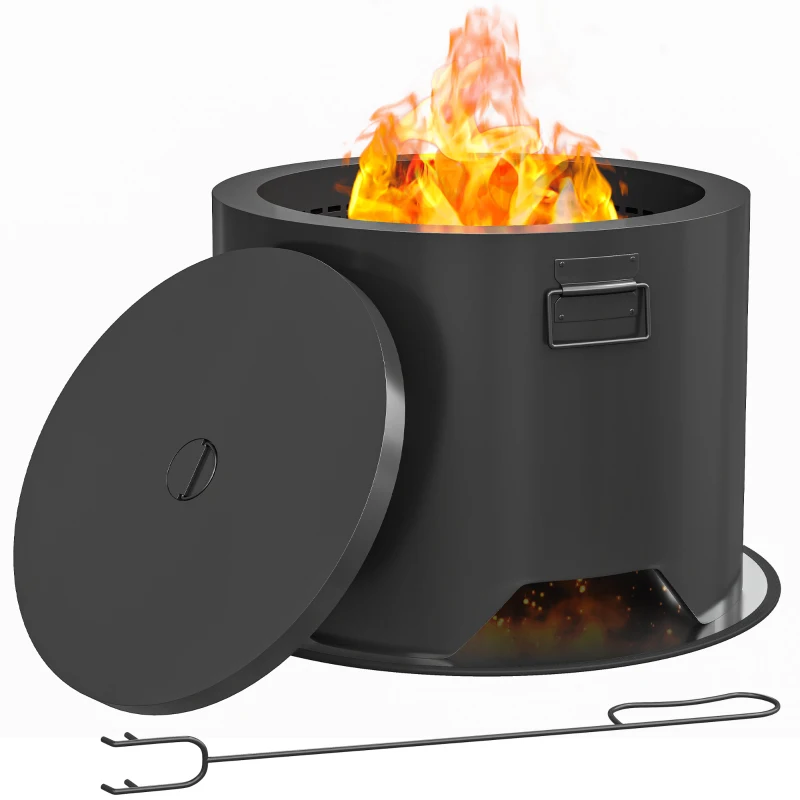 Outsunny Outdoor Round Fire Pit with Lid and Fire Poker - Black