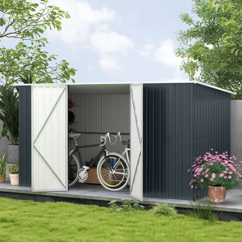 Outsunny 11 x 5.6ft Galvanised Steel Garden Shed, Metal Shed, Garden Storage Shed with Lockable Doors and Gloves for Outdoor Patio, Garden, Grey