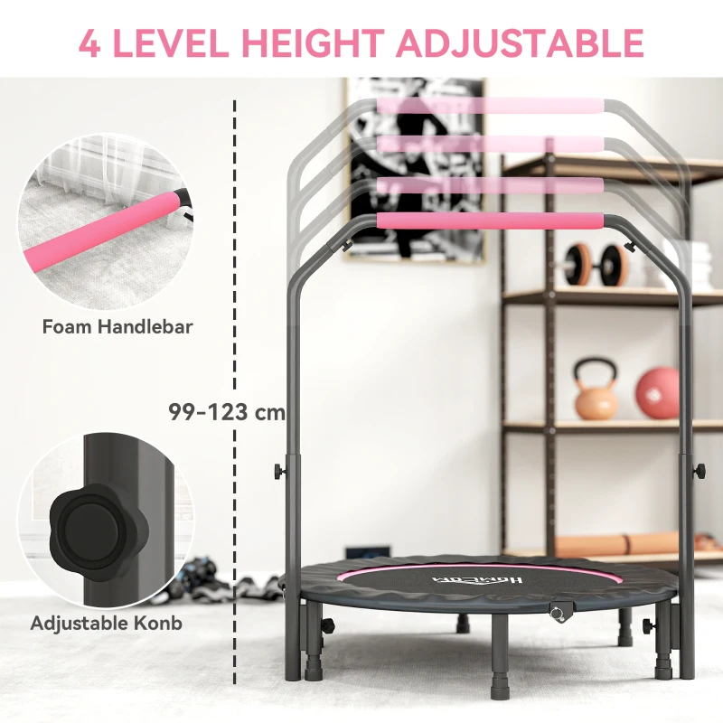 HOMCOM 45" Foldable Mini Fitness Trampoline, with Adjustable Foam Handle, Pink