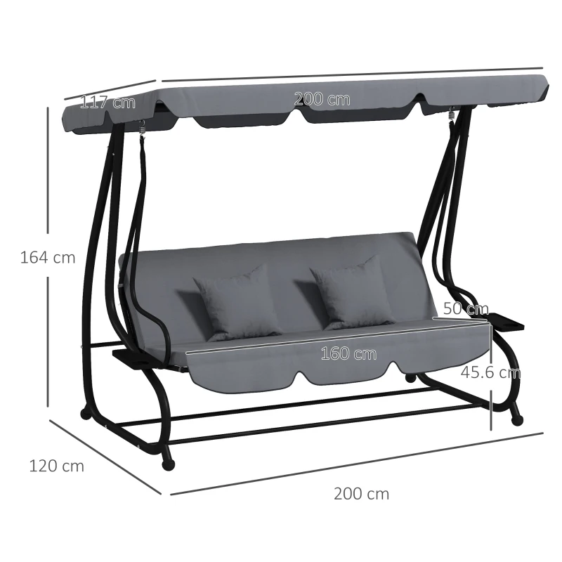 Outsunny Three-Person garden Swing Chair, with Adjustable Canopy - Dark Grey