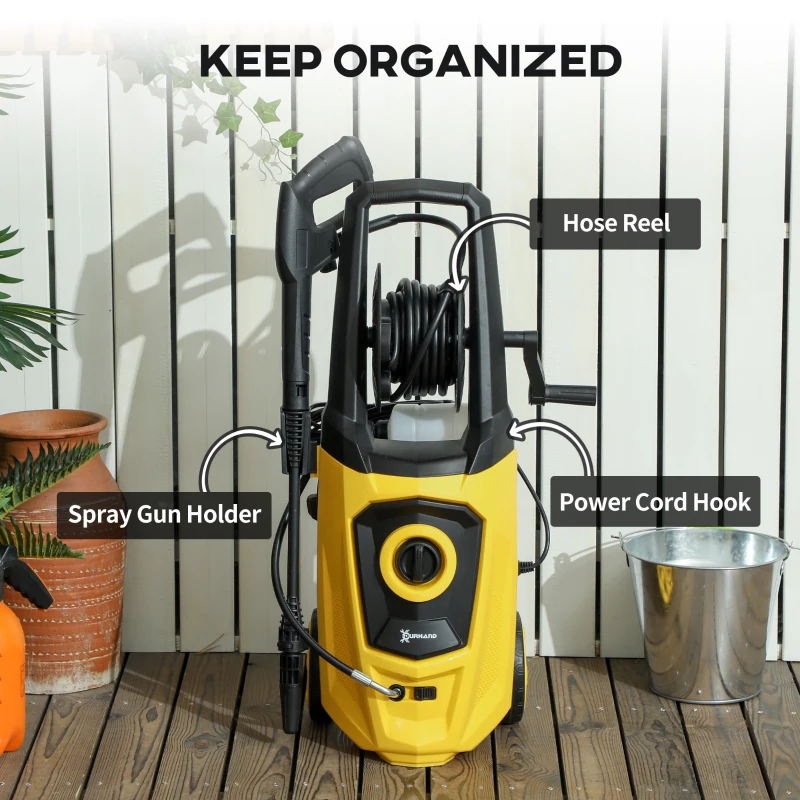 DURHAND 1800W High Pressure Washer, 150 Bar Pressure, 510 L/h Flow, High-Performance Portable Power Washer Jet Wash Cleaner with 6M Hose and Hose Reel for Garden, Car, Furniture, Yellow