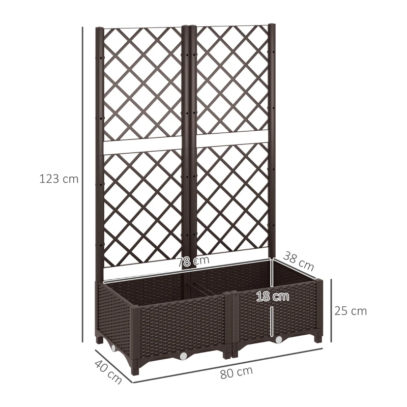 Outsunny Raised Garden Bed with Trellis, Plastic Planter Box with Drainage Holes, Drain Plugs and Water Reservoirs for Climbing Plants, Vegetables, Flowers, Brown