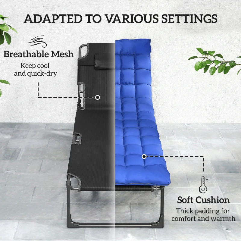 Outsunny Folding Sun Loungers for Garden Set of 2, 5-Position Oversized Camping Bed Recliner with Cushions, Blue