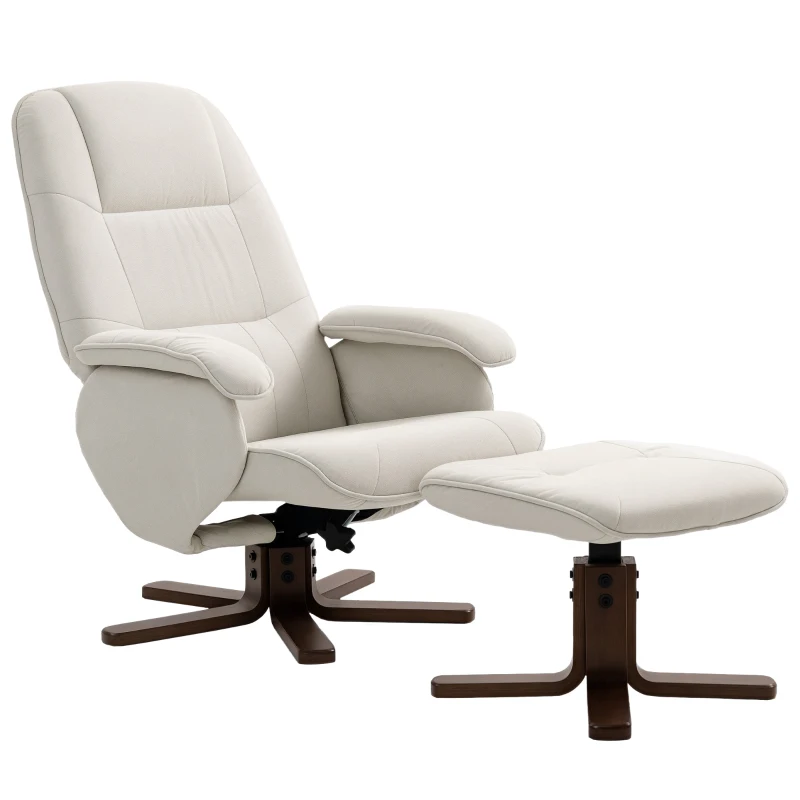 HOMCOM Linen Swivel Recliner Chair with Footstool, Upholstered Reclining Armchair with Wooden Base for Living Room, Beige