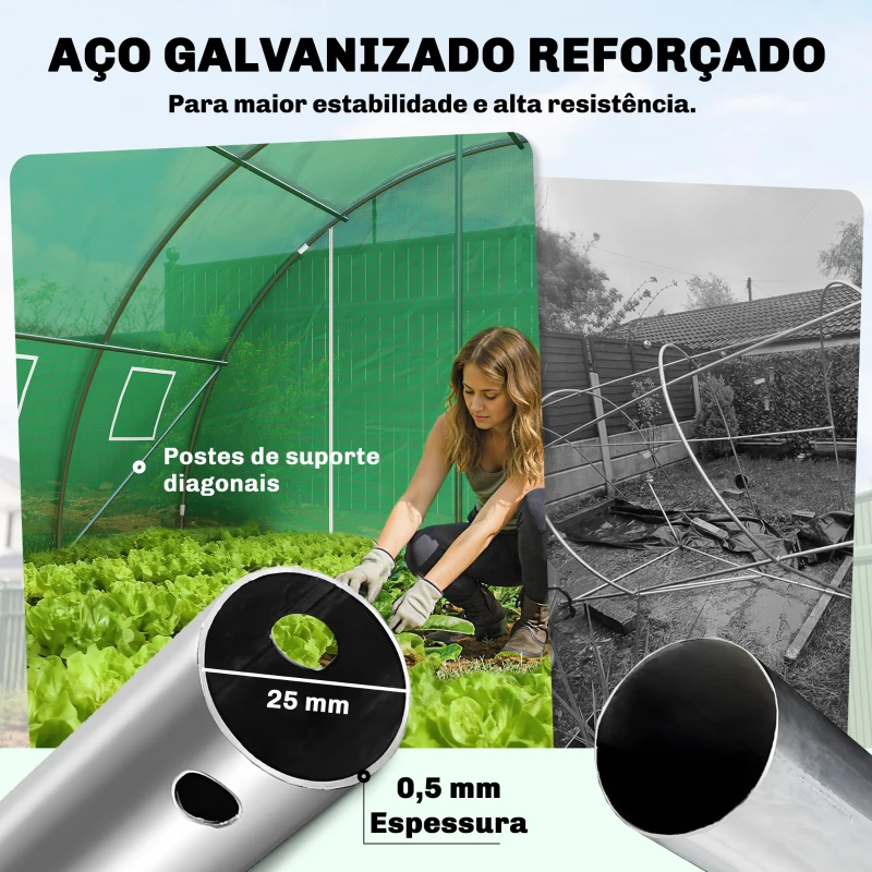 Outsunny Estufa Tipo Túnel com 2 Barras de Suporte 2 Portas Enroláveis e Janelas com Rede Cobertura de PE Anti-UV Verde