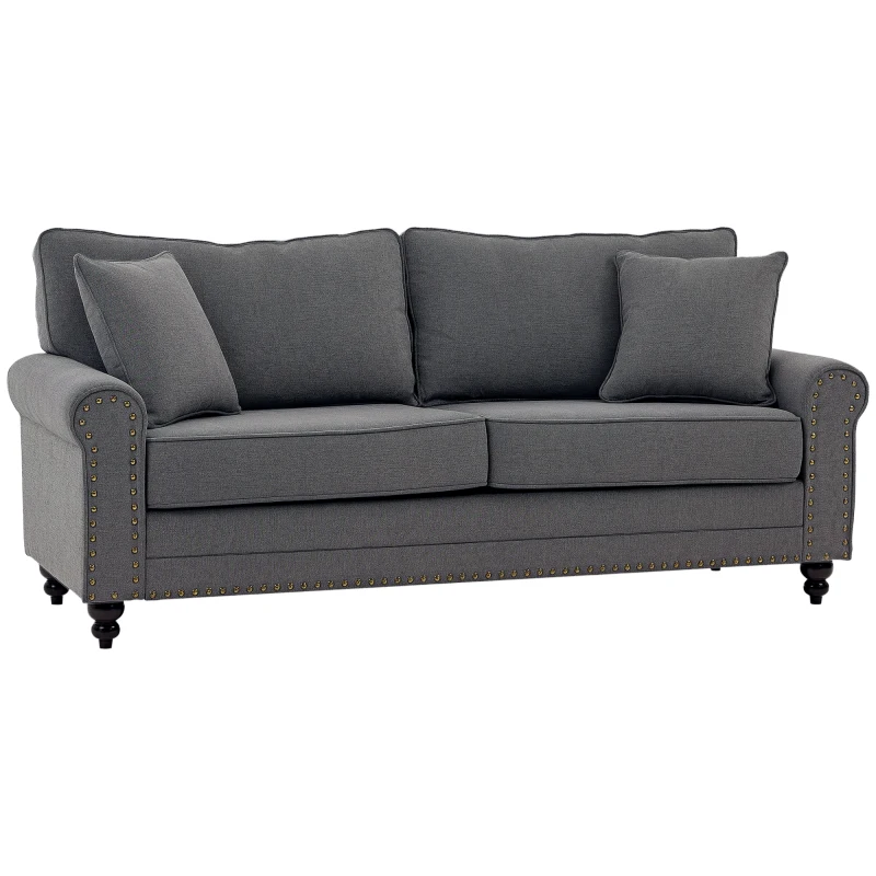 HOMCOM 196cm 3 Seater Sofa, Fabric Sofa with Rubber Wood Legs, Nailhead Trim, 2 Pillows, Small Upholstered Couch Settee for Living Room, Guest Room, Grey