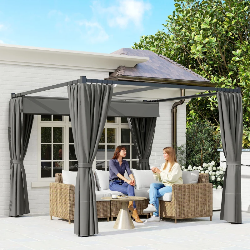 Outsunny 3 x 3(m) Retractable Pergola, Garden Gazebo Shelter with Curtains, for Grill, Patio, Deck, Charcoal Grey
