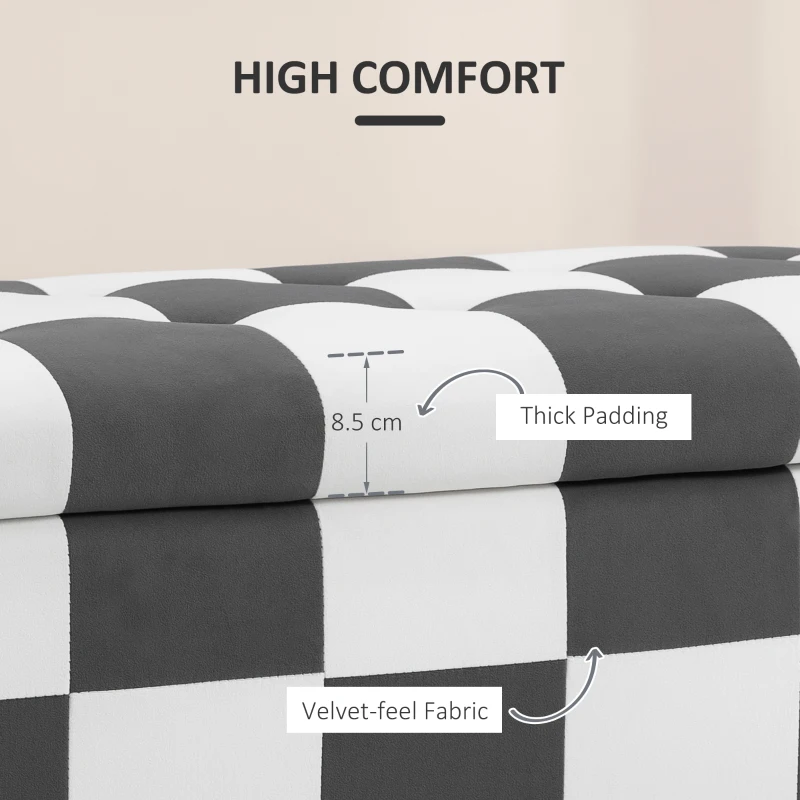 HOMCOM Storage Ottoman, Storage Bench with Wood Legs, Footstool, Footrest with Velvet Surface for Bedroom, Hallway, Living Room, 114 x 47 x 47 cm, Dark Grey and White